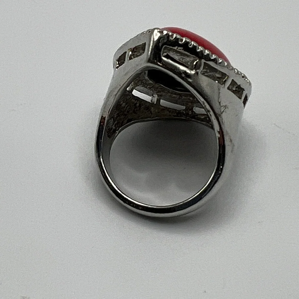 Large Womens Fashion Ring Statement Teardrop Silver Tone Orange Pink Glass Stone
